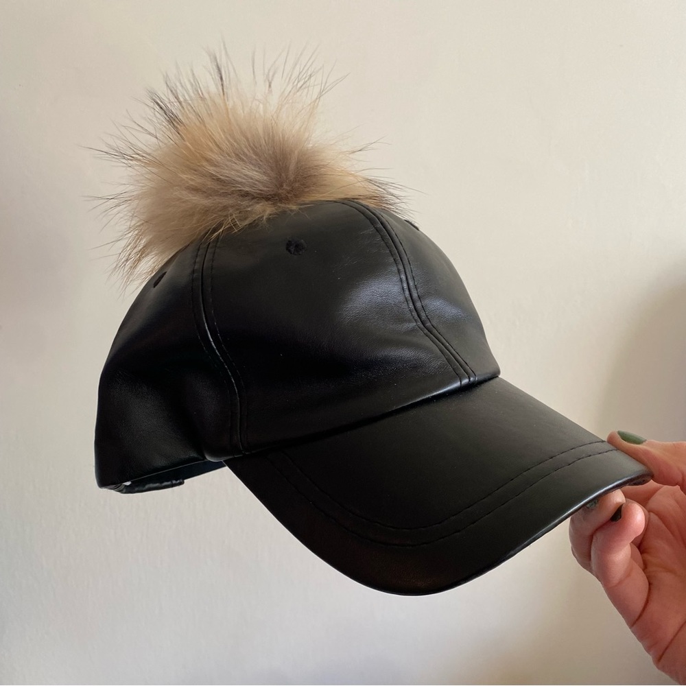 Black Faux Leather Baseball Cap with Fur Pom Pom on Top